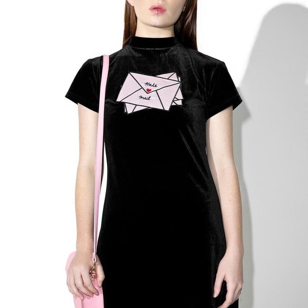 💌 NWT Lazy Oaf Black Velvet Mini Dress Hate mail Deadstock Hard to find Large